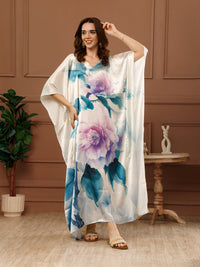 Off-white Printed Satin V-Neck Kaftan Maxi Dress