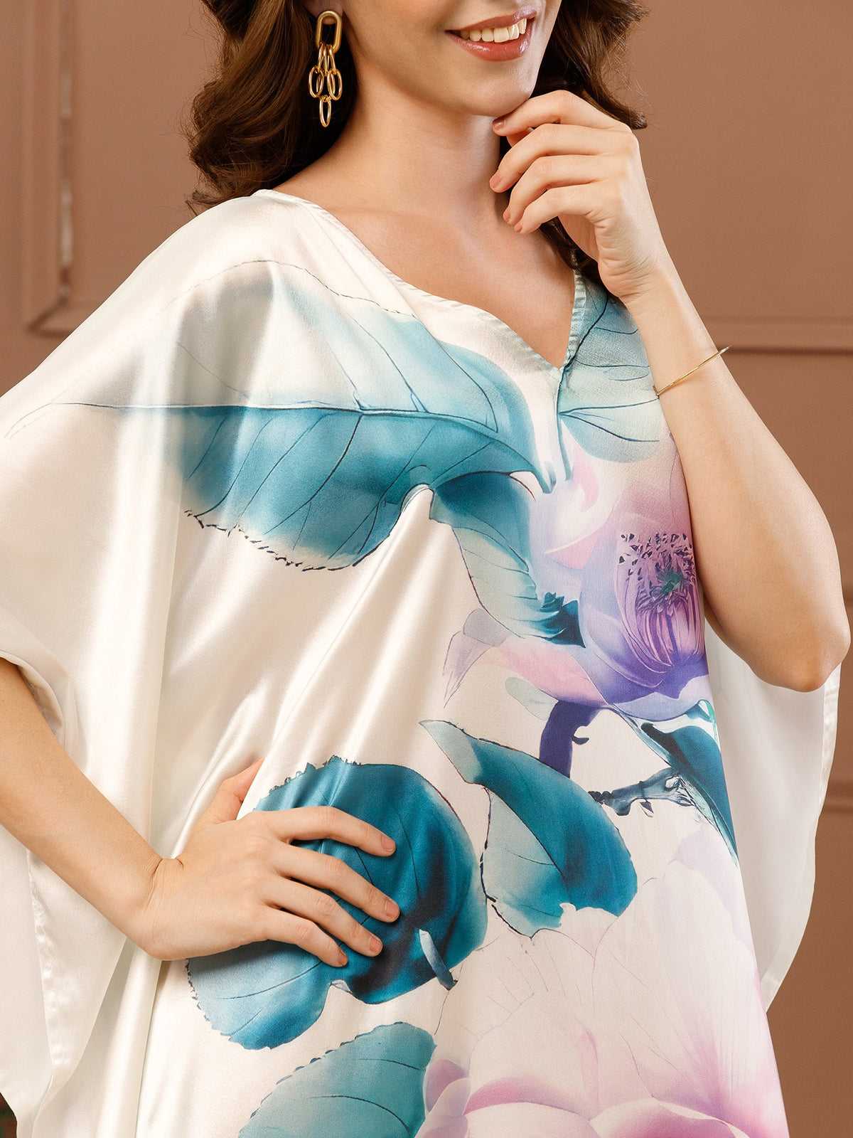 Off-white Printed Satin V-Neck Kaftan Maxi Dress