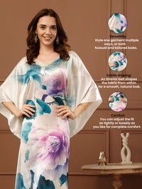 Off-white Printed Satin V-Neck Kaftan Maxi Dress