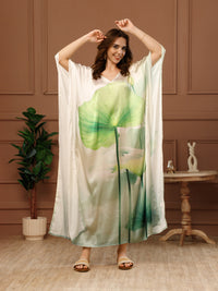 Green Printed Satin V-Neck Kaftan Maxi Dress