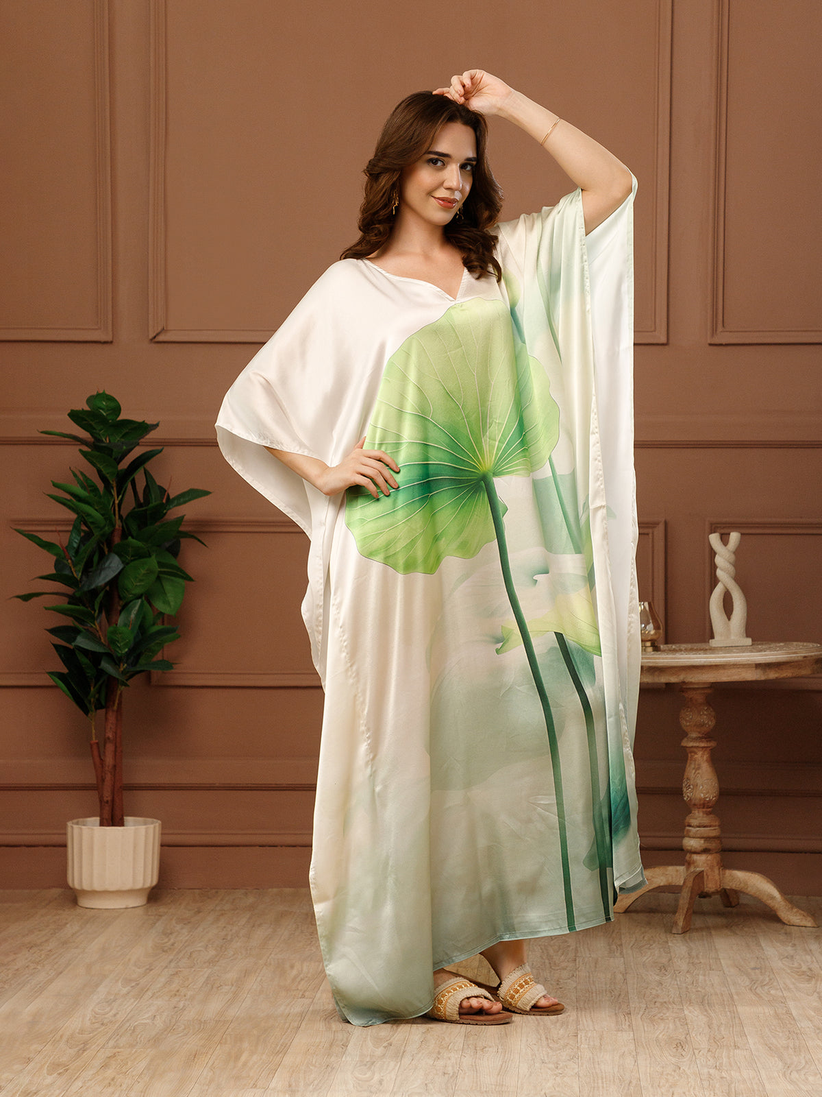 Green Printed Satin V-Neck Kaftan Maxi Dress