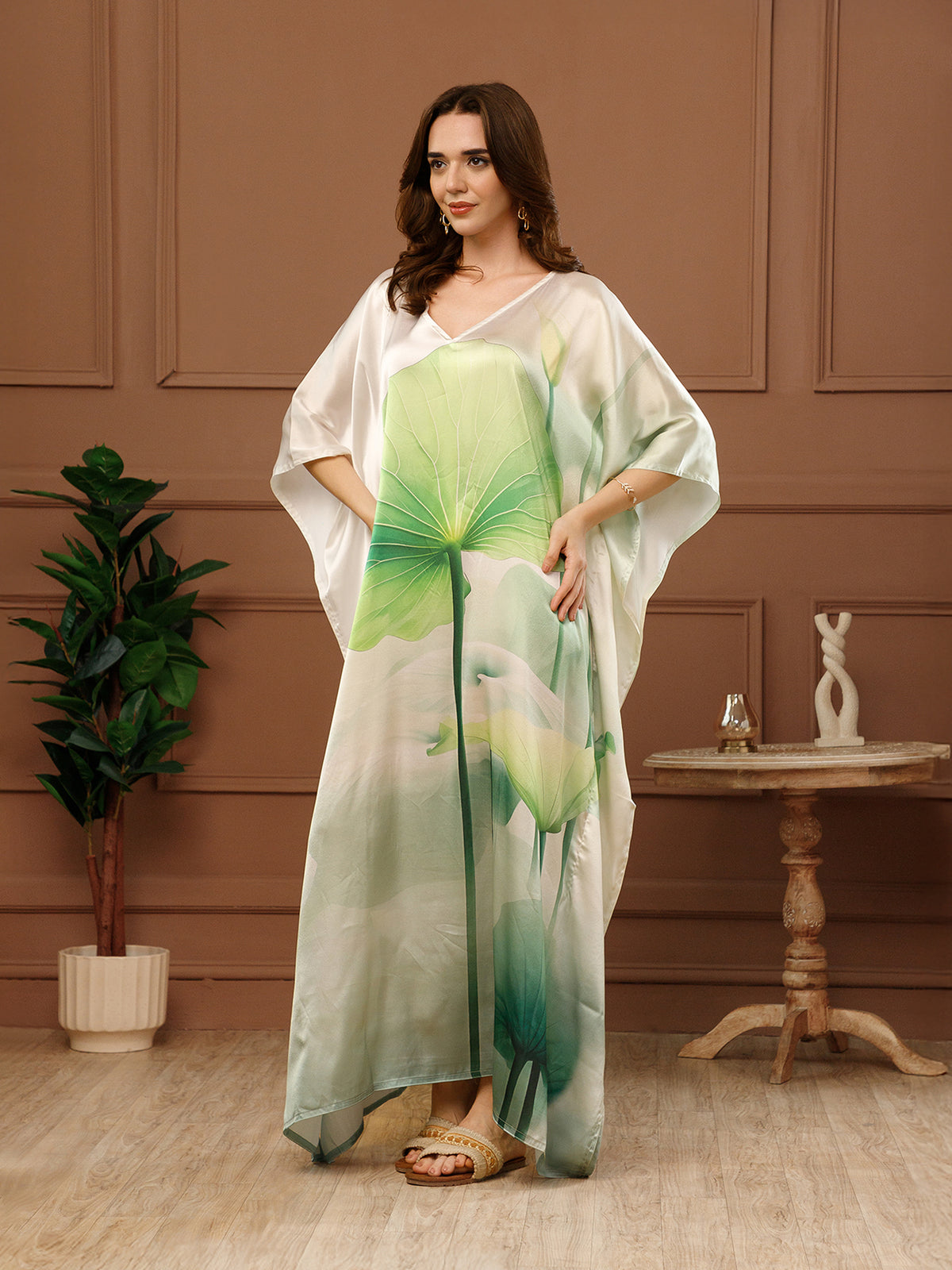 Green Printed Satin V-Neck Kaftan Maxi Dress