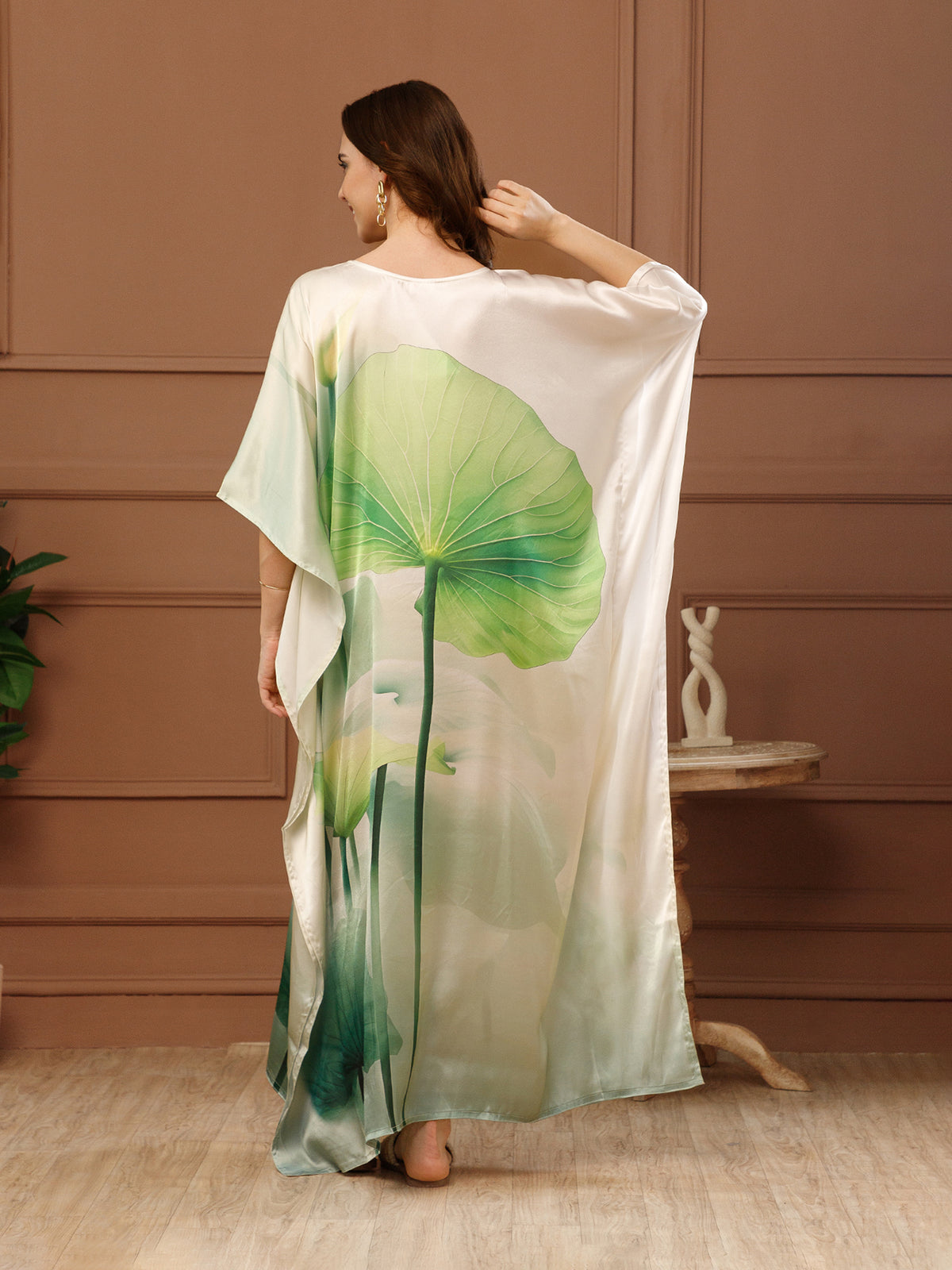 Green Printed Satin V-Neck Kaftan Maxi Dress