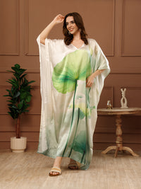 Green Printed Satin V-Neck Kaftan Maxi Dress