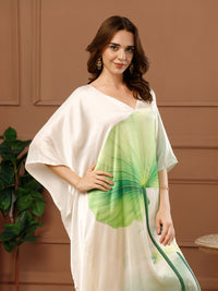Green Printed Satin V-Neck Kaftan Maxi Dress