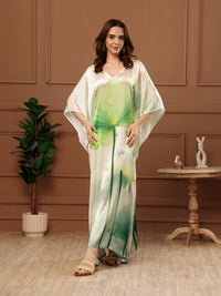 Green Printed Satin V-Neck Kaftan Maxi Dress