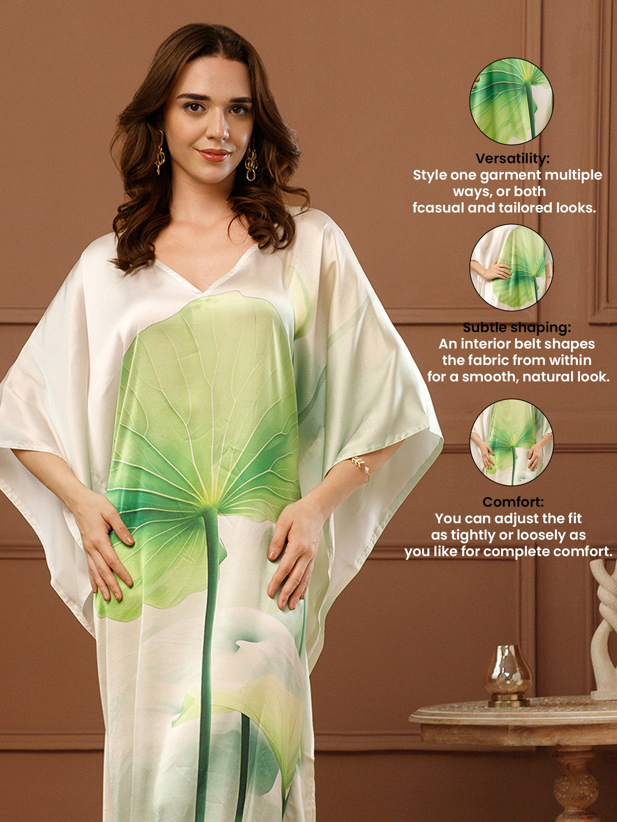 Green Printed Satin V-Neck Kaftan Maxi Dress