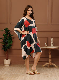 Navy Blue Printed Poly Crepe V-Neck Kaftan Dress