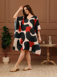 Navy Blue Printed Poly Crepe V-Neck Kaftan Dress