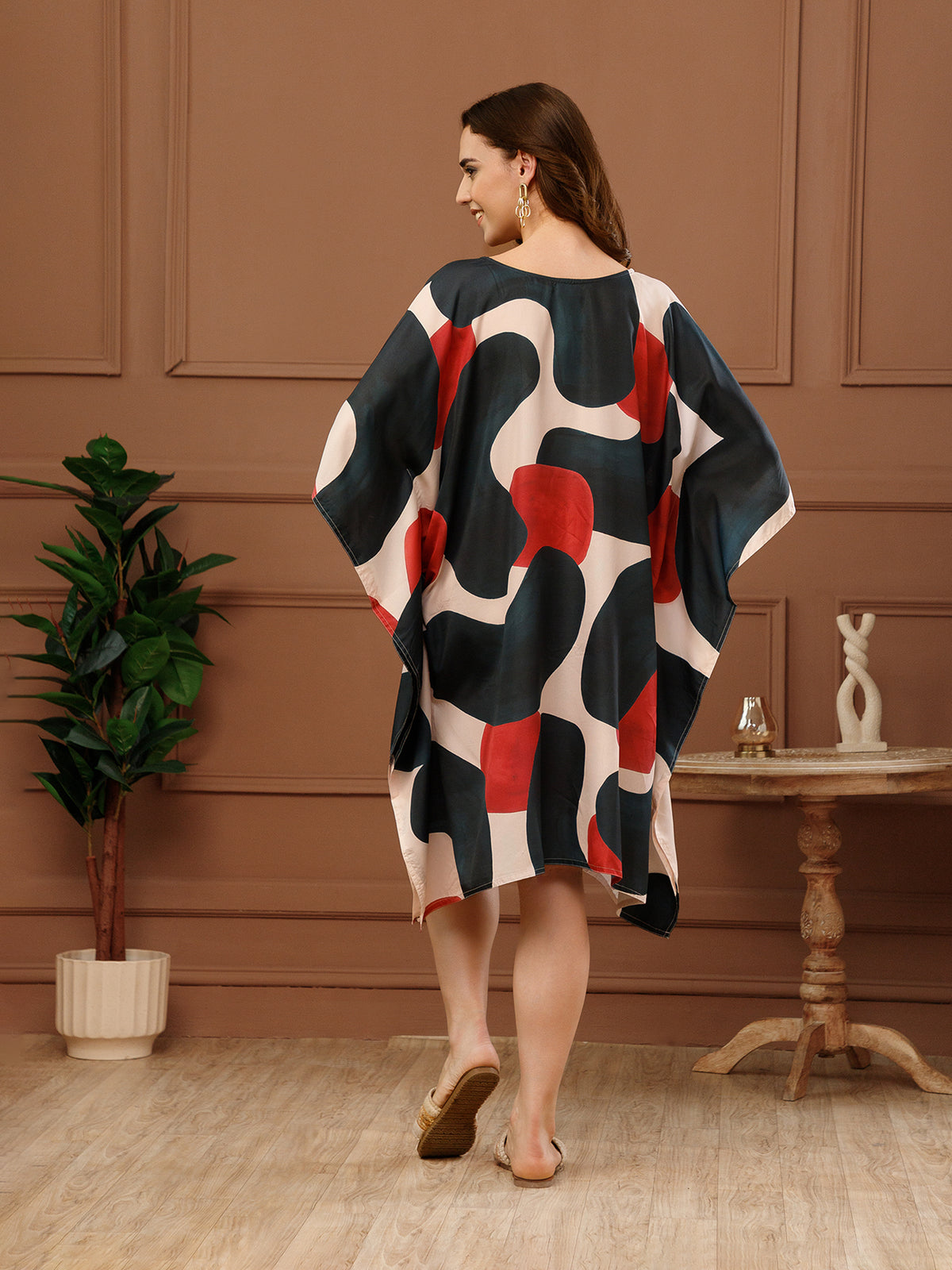 Navy Blue Printed Poly Crepe V-Neck Kaftan Dress