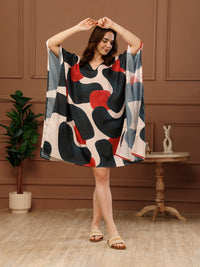 Navy Blue Printed Poly Crepe V-Neck Kaftan Dress