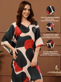 Navy Blue Printed Poly Crepe V-Neck Kaftan Dress