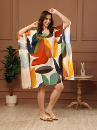 Multi Printed Poly Crepe V-Neck Kaftan Dress