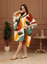 Multi Printed Poly Crepe V-Neck Kaftan Dress
