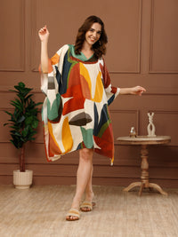 Multi Printed Poly Crepe V-Neck Kaftan Dress