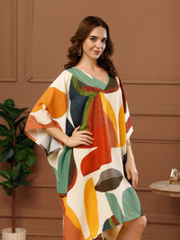 Multi Printed Poly Crepe V-Neck Kaftan Dress