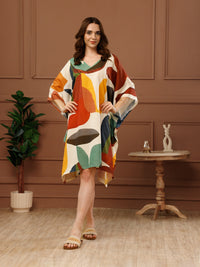 Multi Printed Poly Crepe V-Neck Kaftan Dress