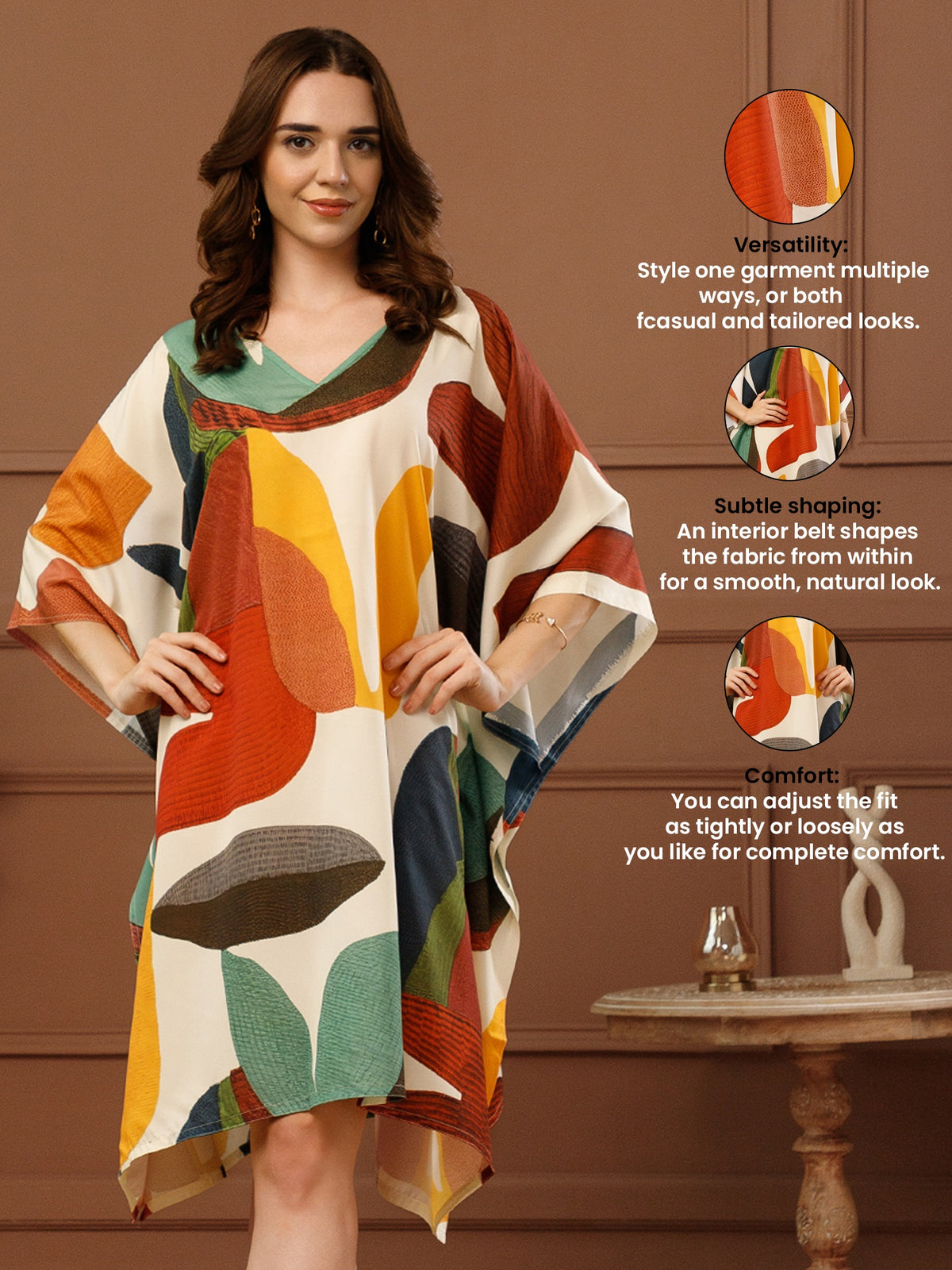 Multi Printed Poly Crepe V-Neck Kaftan Dress