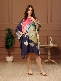 Blue & Pink Printed Poly Crepe V-Neck Kaftan Dress