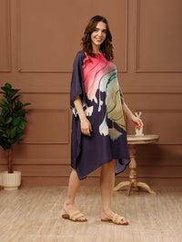 Blue & Pink Printed Poly Crepe V-Neck Kaftan Dress