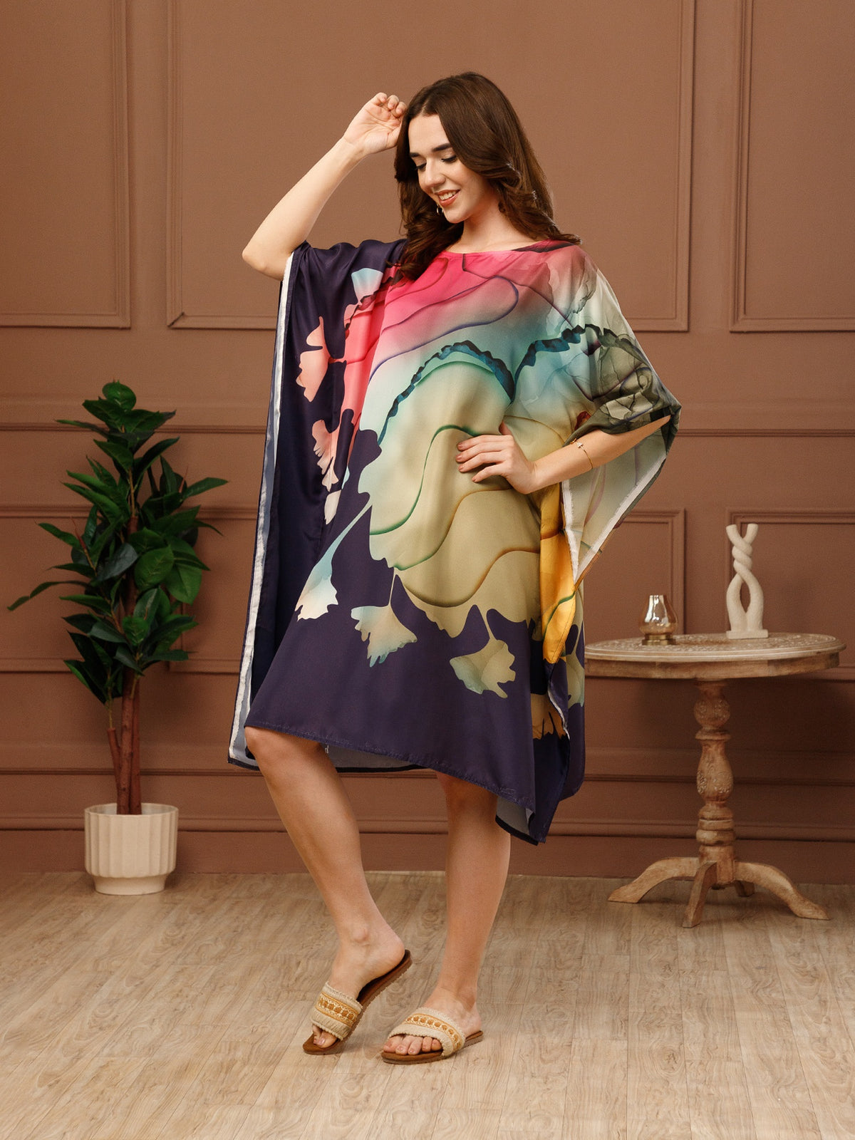 Blue & Pink Printed Poly Crepe V-Neck Kaftan Dress