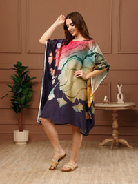 Blue & Pink Printed Poly Crepe V-Neck Kaftan Dress