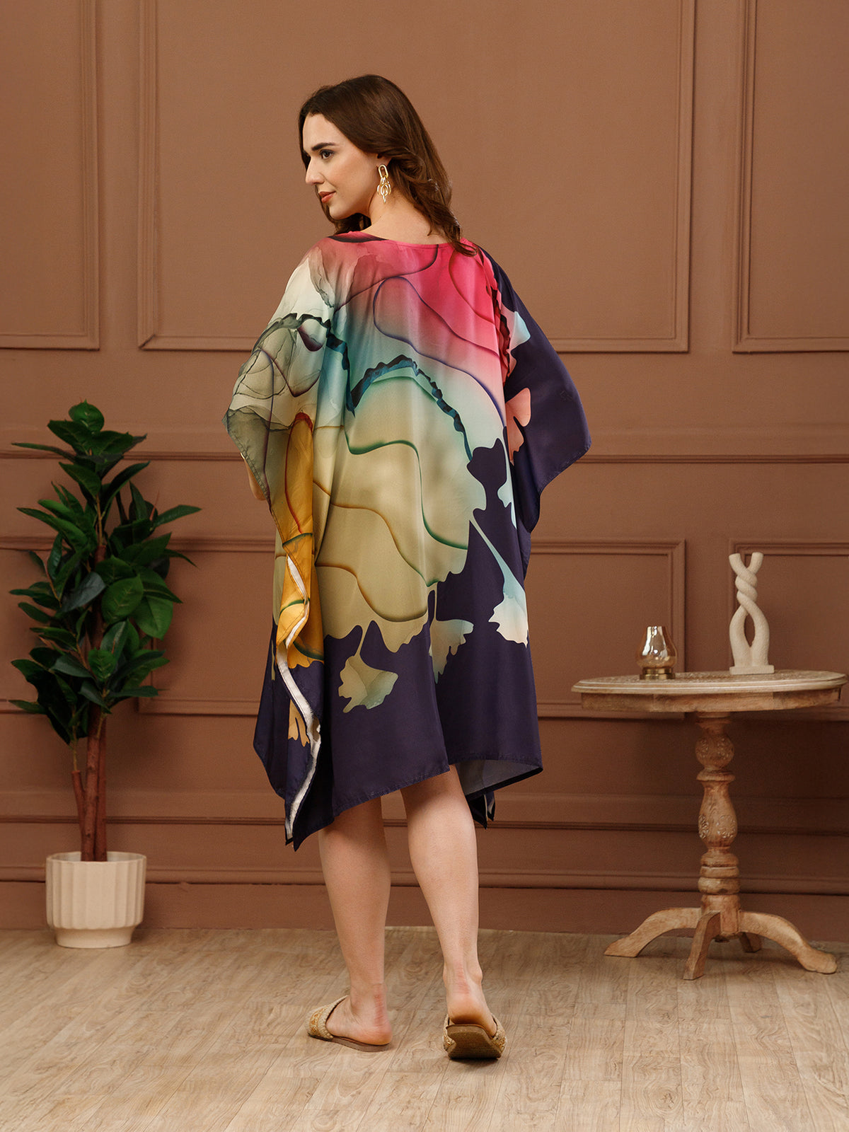 Blue & Pink Printed Poly Crepe V-Neck Kaftan Dress