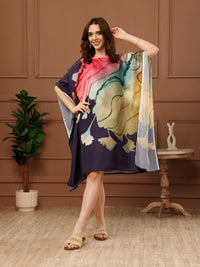 Blue & Pink Printed Poly Crepe V-Neck Kaftan Dress
