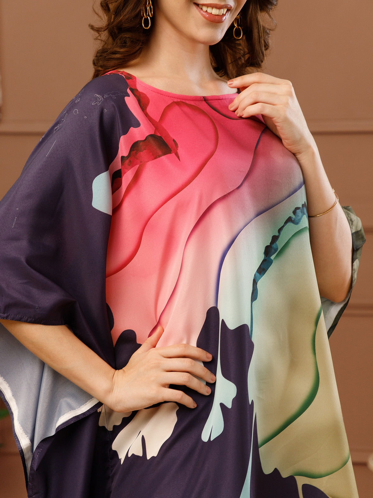 Blue & Pink Printed Poly Crepe V-Neck Kaftan Dress