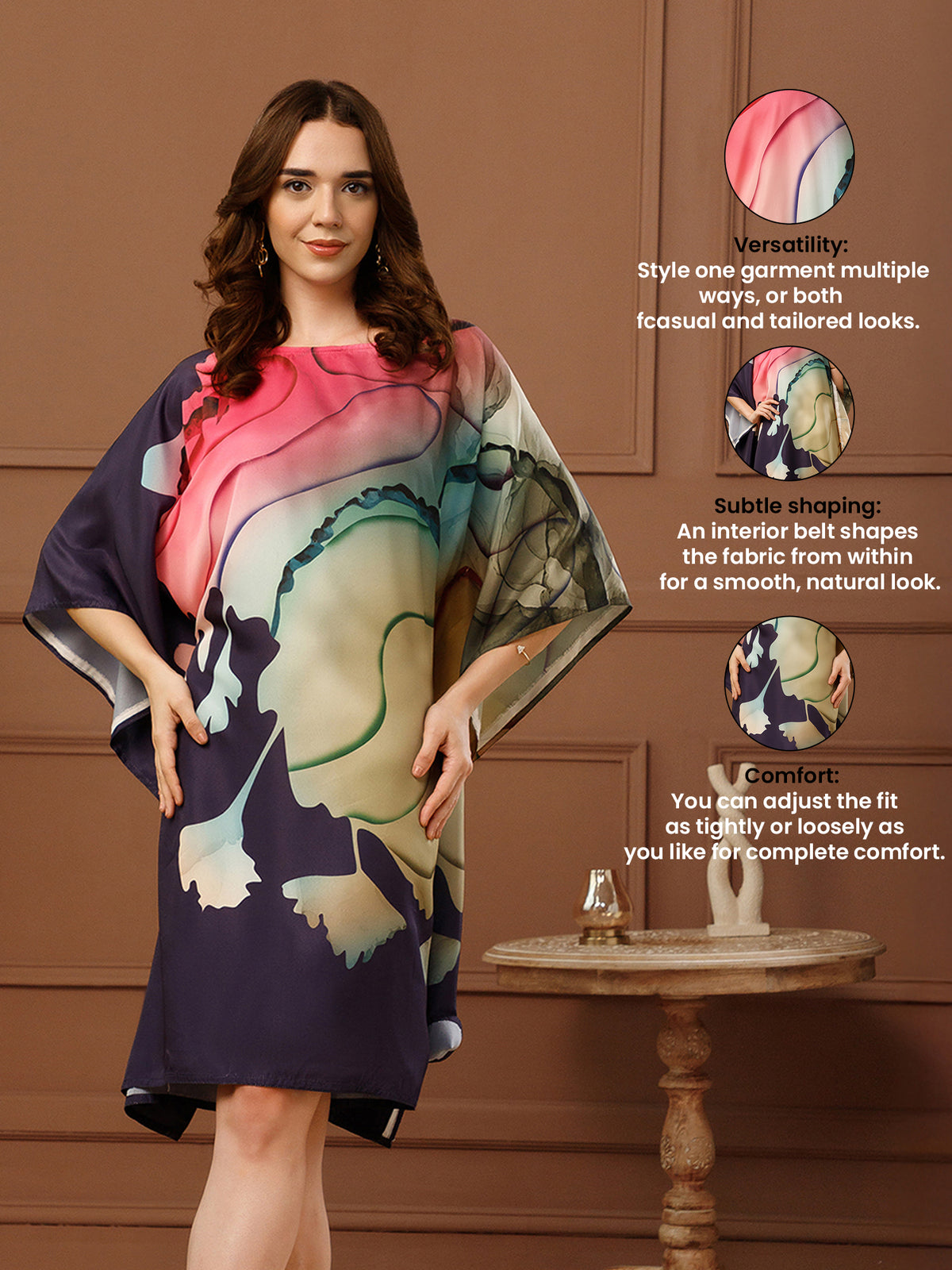 Blue & Pink Printed Poly Crepe V-Neck Kaftan Dress