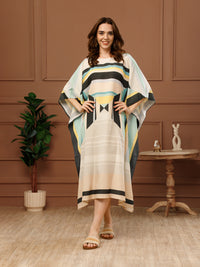Off-White Printed Poly Crepe Round Neck Midi Kaftan Dress
