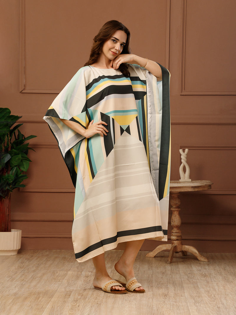 Off-White Printed Poly Crepe Round Neck Midi Kaftan Dress