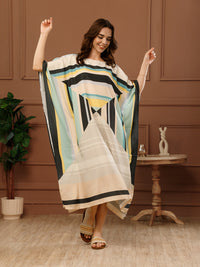 Off-White Printed Poly Crepe Round Neck Midi Kaftan Dress