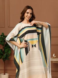 Off-White Printed Poly Crepe Round Neck Midi Kaftan Dress