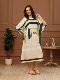 Off-White Printed Poly Crepe Round Neck Midi Kaftan Dress