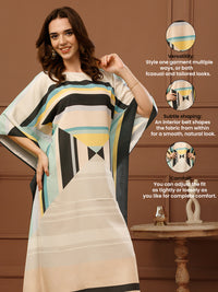 Off-White Printed Poly Crepe Round Neck Midi Kaftan Dress