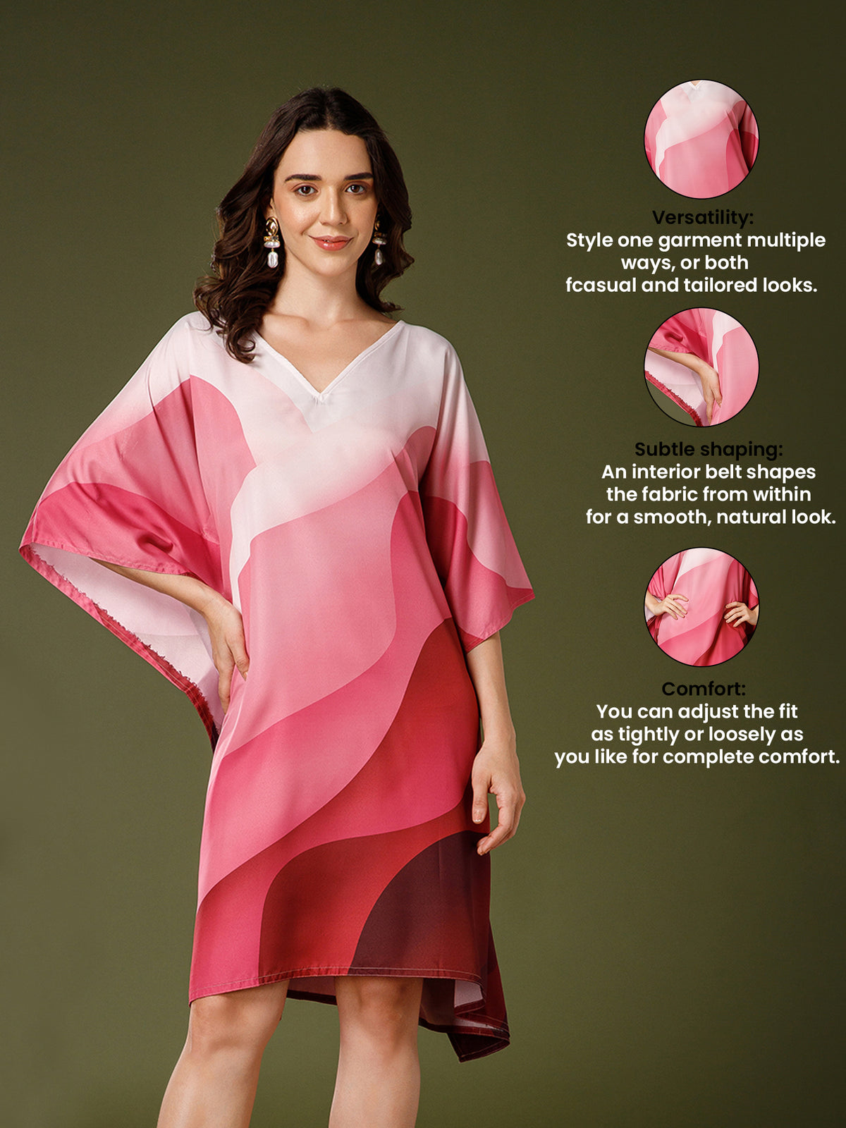 Pink Poly Crepe V-Neck Kaftan Dress