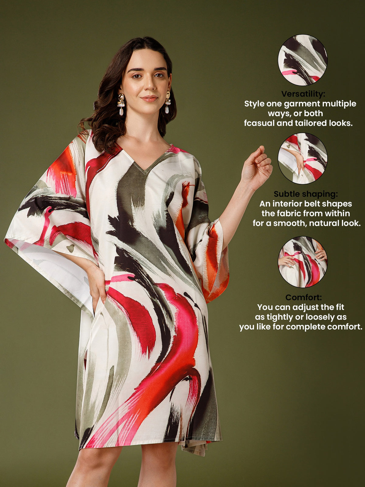 Cream Poly Creape V-Neck Kaftan Dress