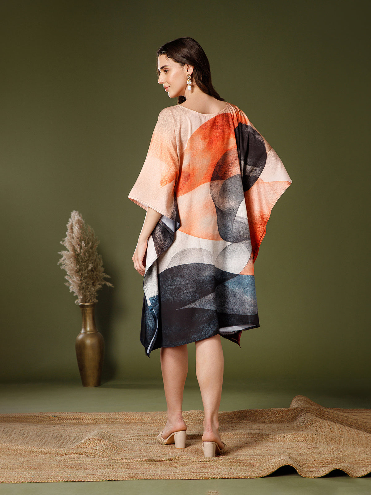 Beige-Cream Cotton V-Neck Kaftan Dress