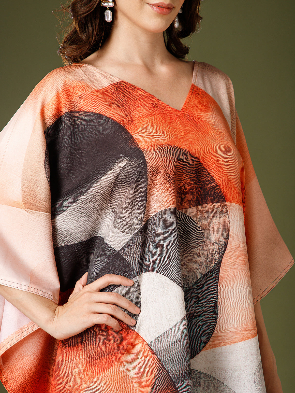 Beige-Cream Cotton V-Neck Kaftan Dress