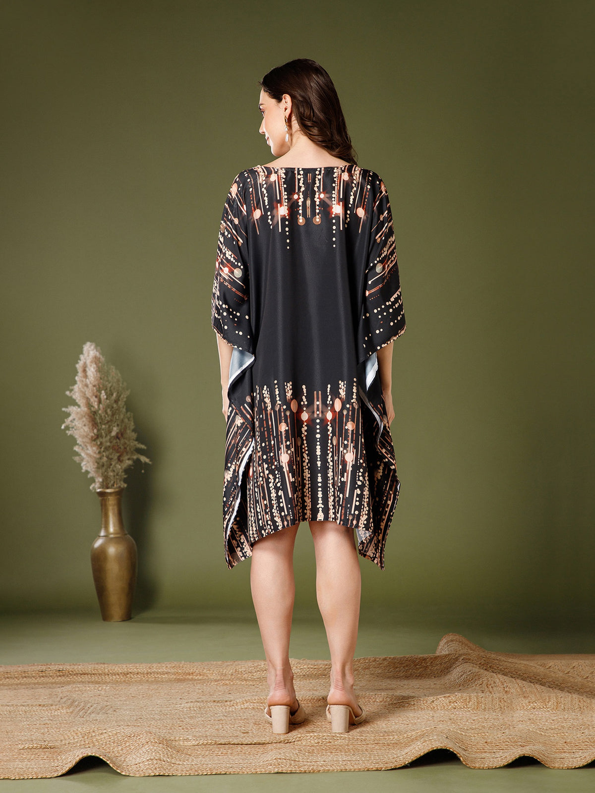 Black Poly Crepe V-Neck Kaftan Dress