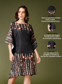 Black Poly Crepe V-Neck Kaftan Dress