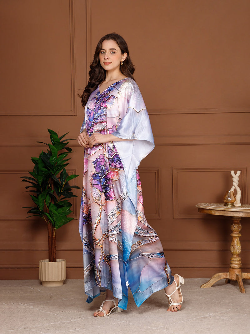 Mist Blue Satin V-Neck Kaftan Dress