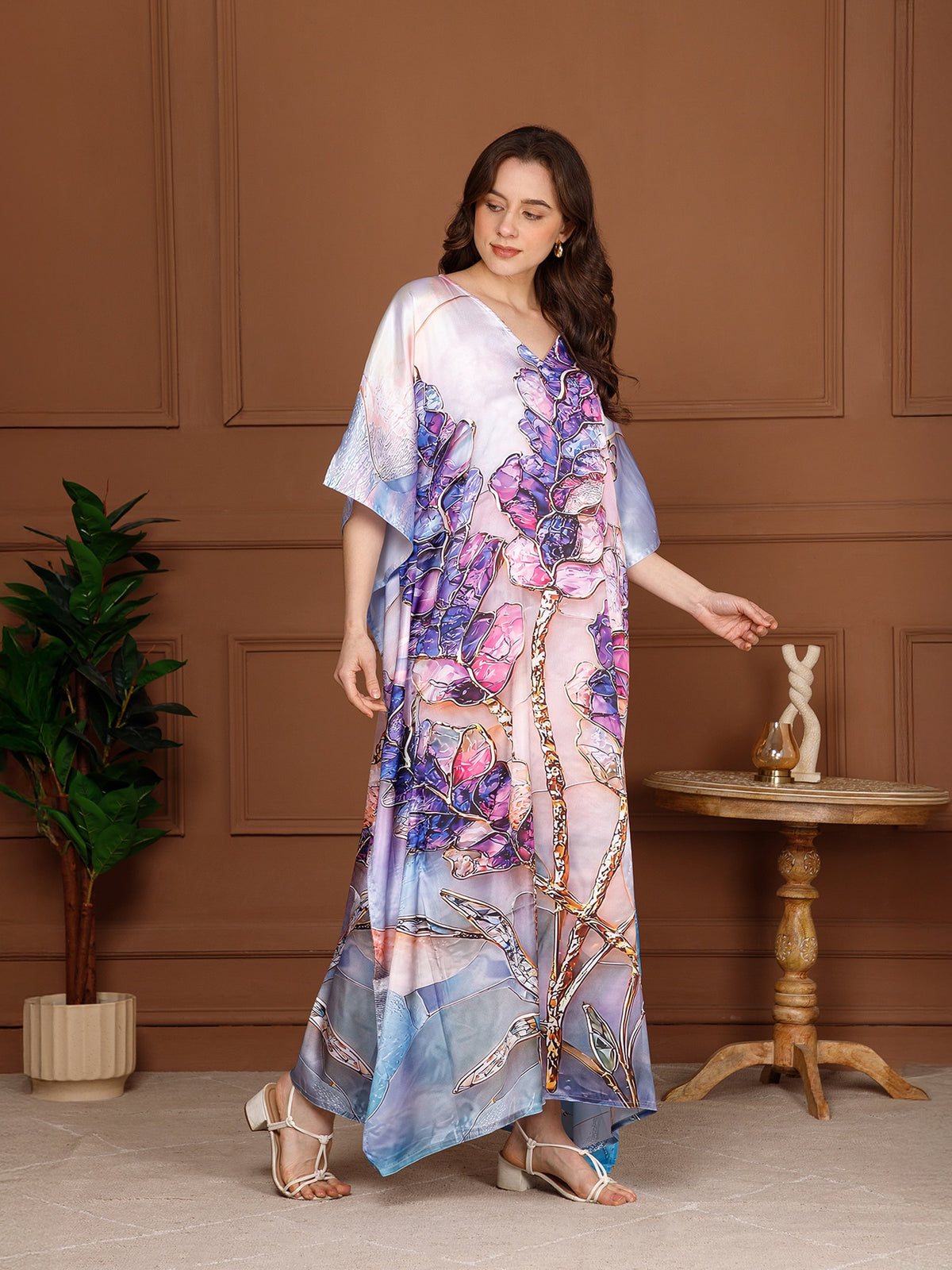 Mist Blue Satin V-Neck Kaftan Dress