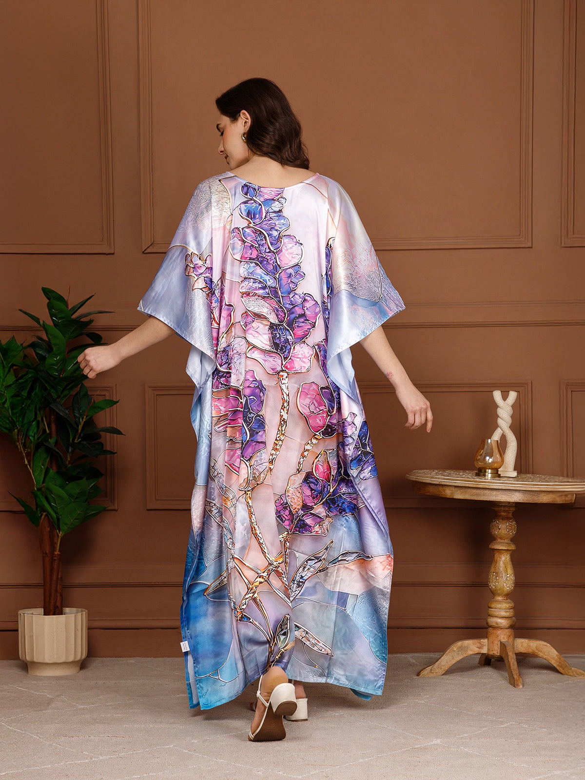 Mist Blue Satin V-Neck Kaftan Dress