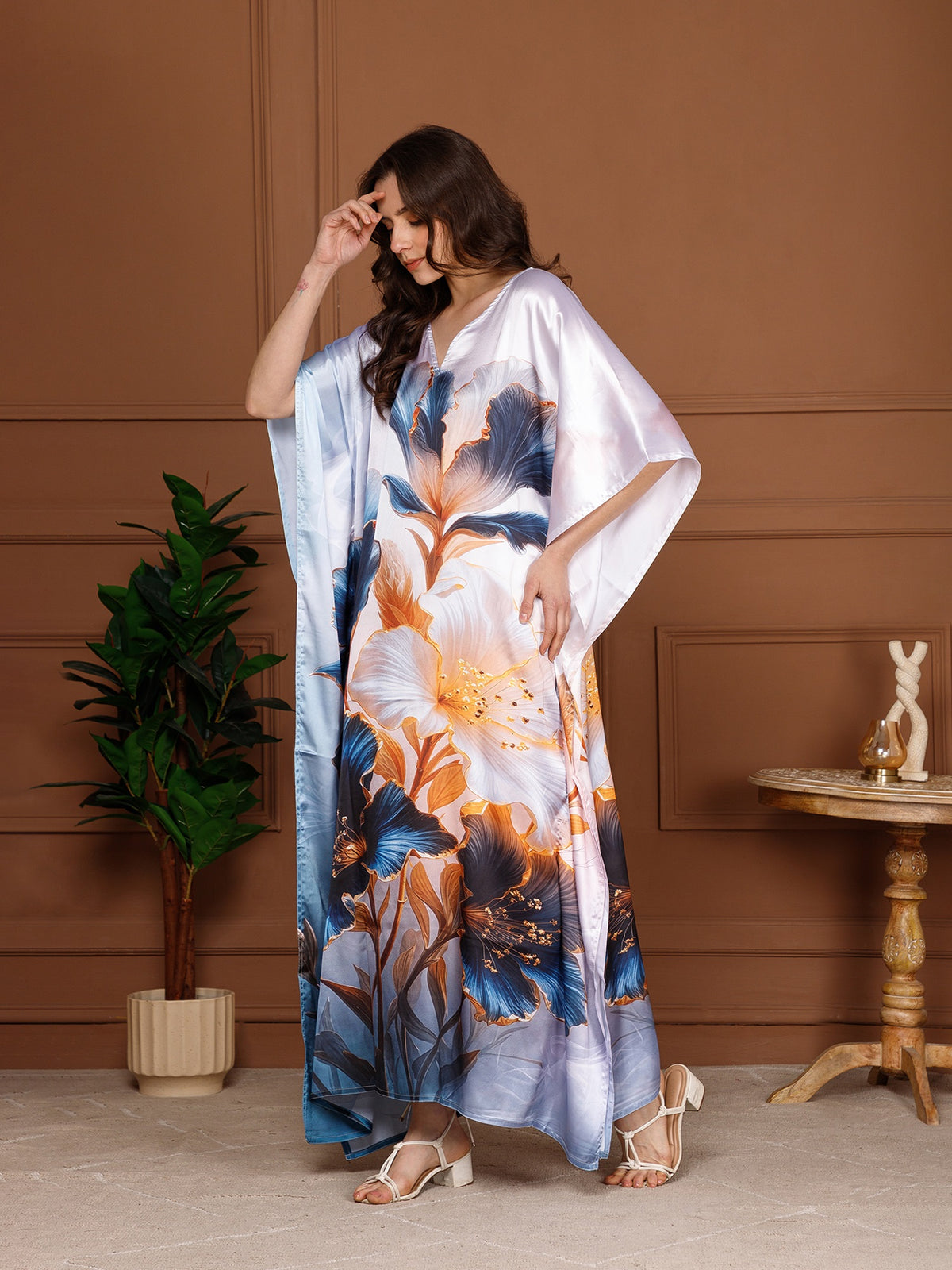 Soft Cream Ivory Satin V-Neck Kaftan Dress