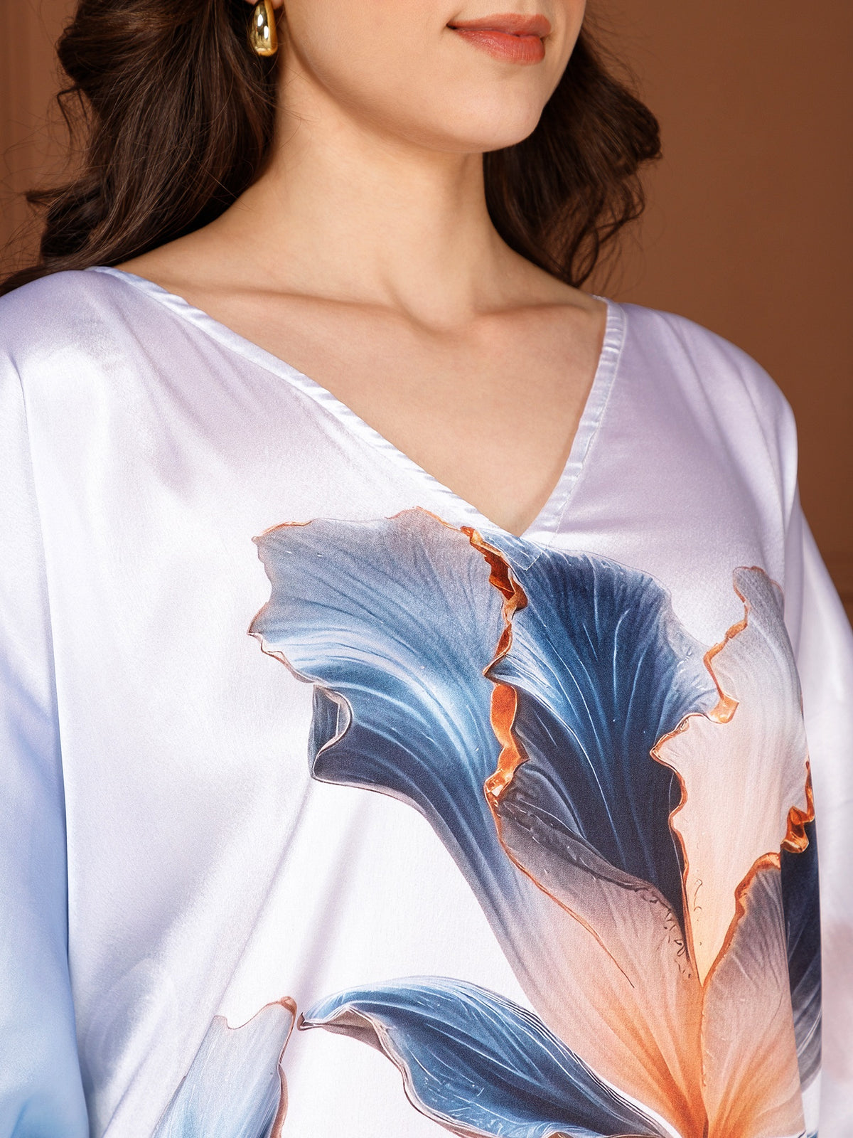 Soft Cream Ivory Satin V-Neck Kaftan Dress