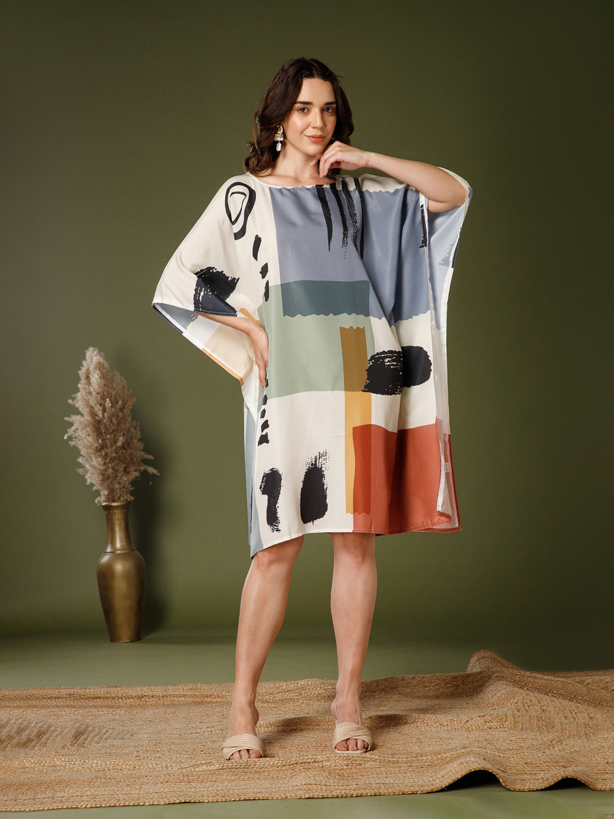 Off-White Poly Crepe V-Neck Kaftan Dress