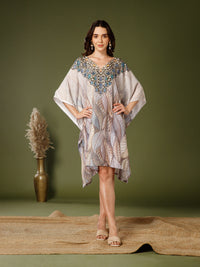 Beige Poly Crepe V-Neck Kaftan Dress