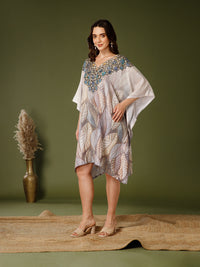 Beige Poly Crepe V-Neck Kaftan Dress